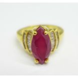 A 925 silver gilt, ruby and diamond ring, M