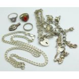 Silver jewellery, charm bracelet requires fastener, 81g