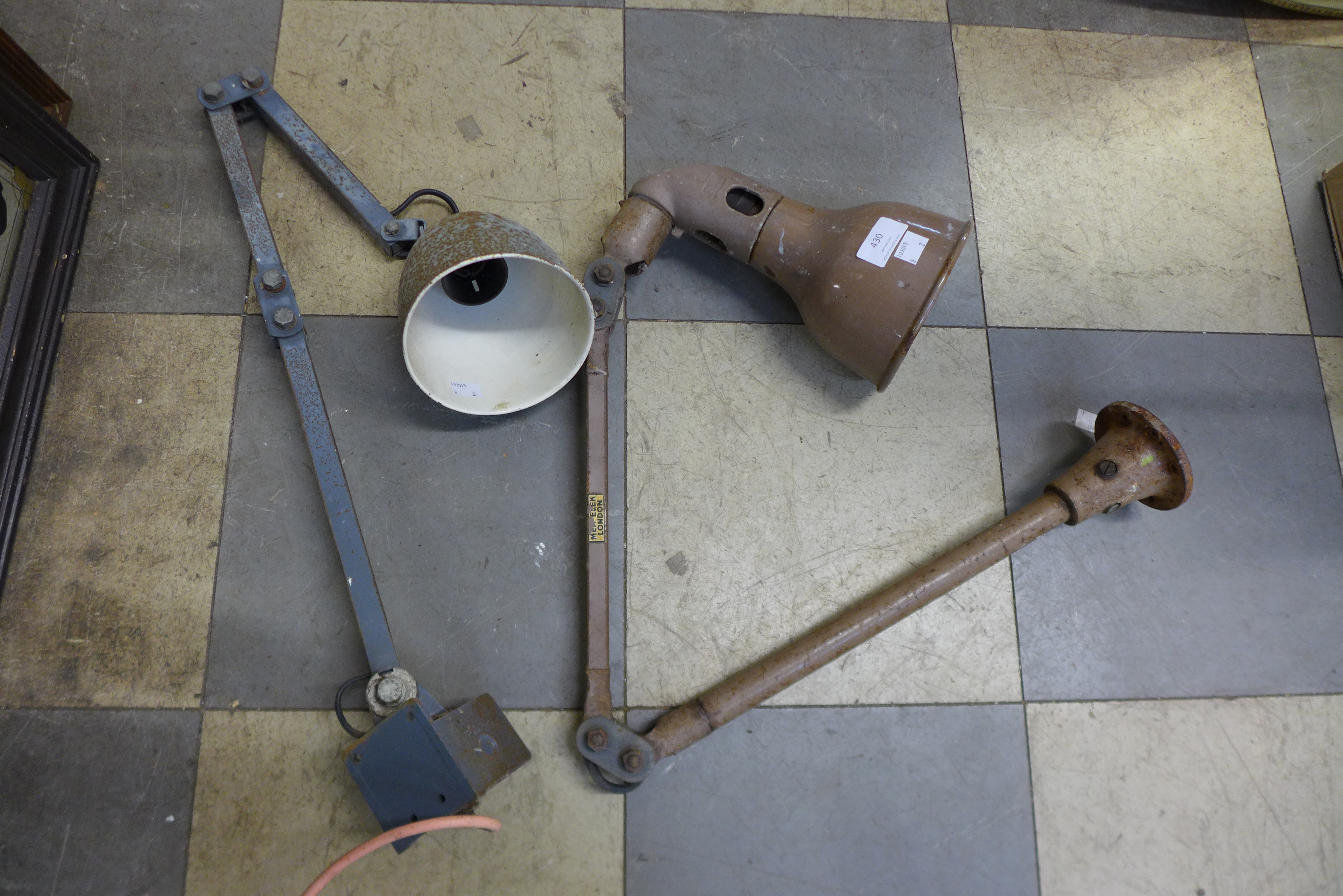 Two industrial anglepoise work lamps