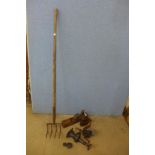 Assorted vintage tools and a garden rake