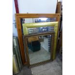 A gilt framed mirror, a pine mirror and one other