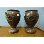 A pair of Japanese Meiji period bronze vases, a/f