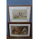 A We Three Kings print and a hunting scene print, both framed