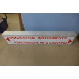 An Orchestral Instruments Percussion, PA & Lighting sign