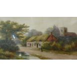 F.W. Ride, pair of rural landscapes with figures, watercolour, 25 x 45cms, framed