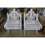 A pair of cast iron garden chairs, manner of Coalbrookdale