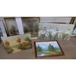Four oil paintings, three landscapes and a still life