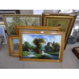 Five oil paintings, including two Victorian reverse oils on glass