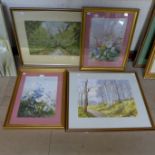 Two lansdcapes, watercolour and pastel and two Vernon Ward prints, framed