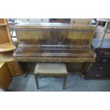 An Art Deco Challen of London walnut upright piano and stool