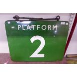 A double sided enamel railway Platform 2 sign