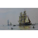 Peter Whittock, Tranquility, Russian Brigg at Anchor, watercolour, 30 x 51cms, framed