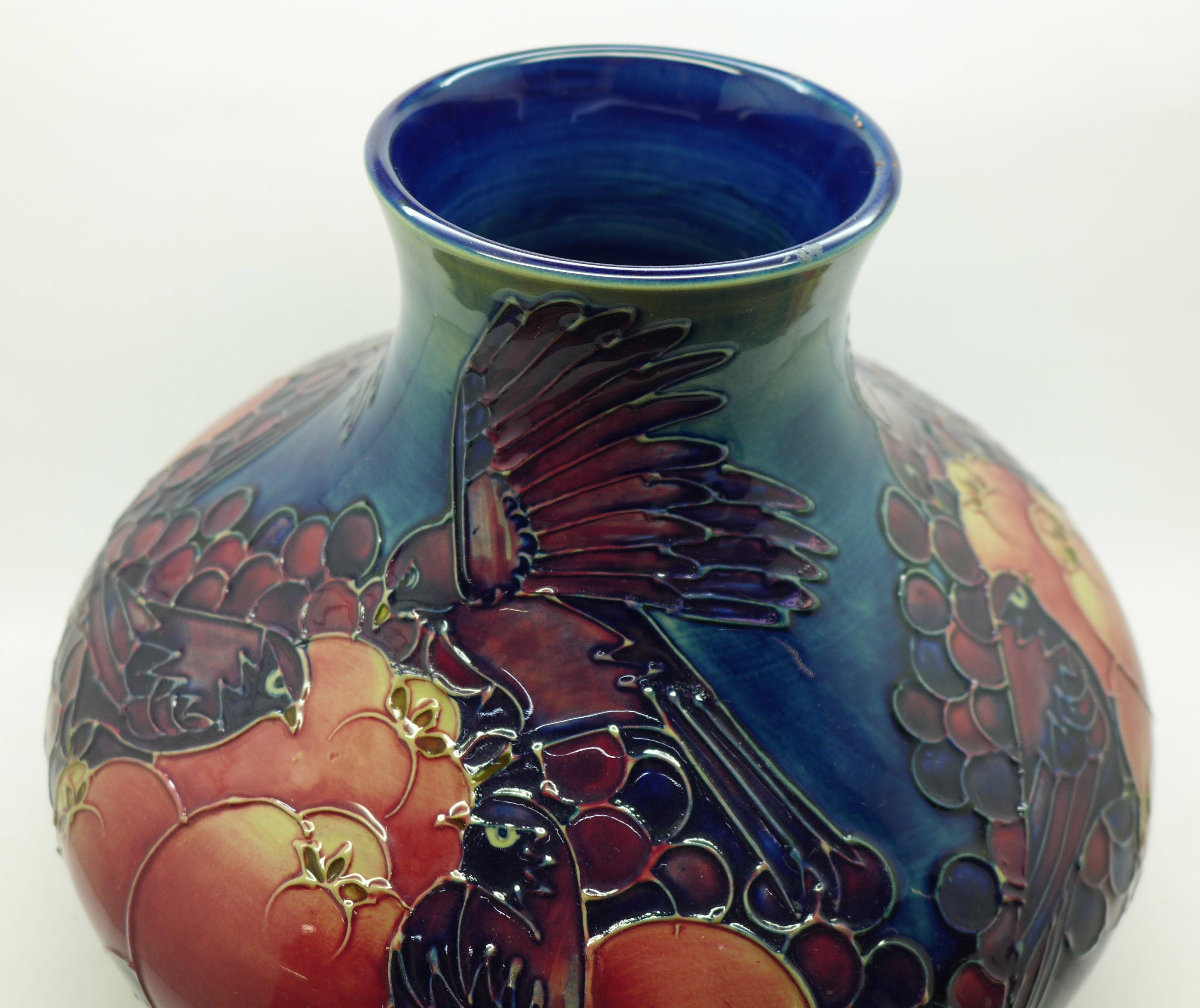 A Moorcroft Finches and Fruit vase with stand, 19.5cm - Image 10 of 15