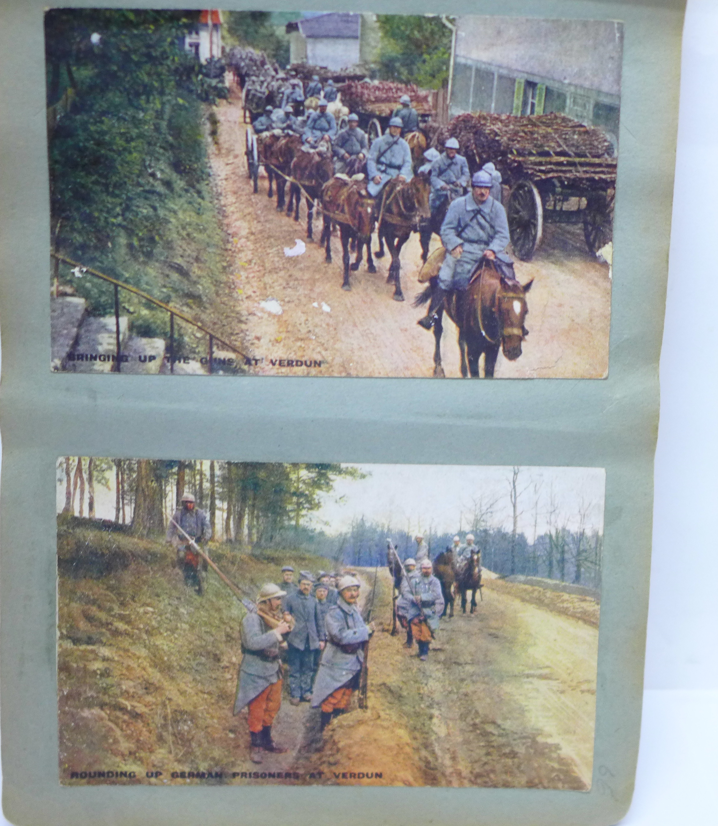 An album of approximately 100 early 20th Century WWI period postcards, mainly WWI related, (stuck - Image 15 of 23