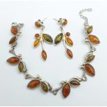 A silver and amber set bracelet with matching earrings