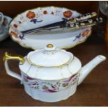 A Royal Crown Derby Princess teapot, a/f, a shallow footed bowl, a/f and a knife and carving fork