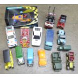 A collection of playworn model vehicles including Corgi and a boxed Scalextric Caterham 7