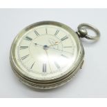 A silver cased centre seconds chronograph pocket watch, H White, 104, Market St., Manchester, the