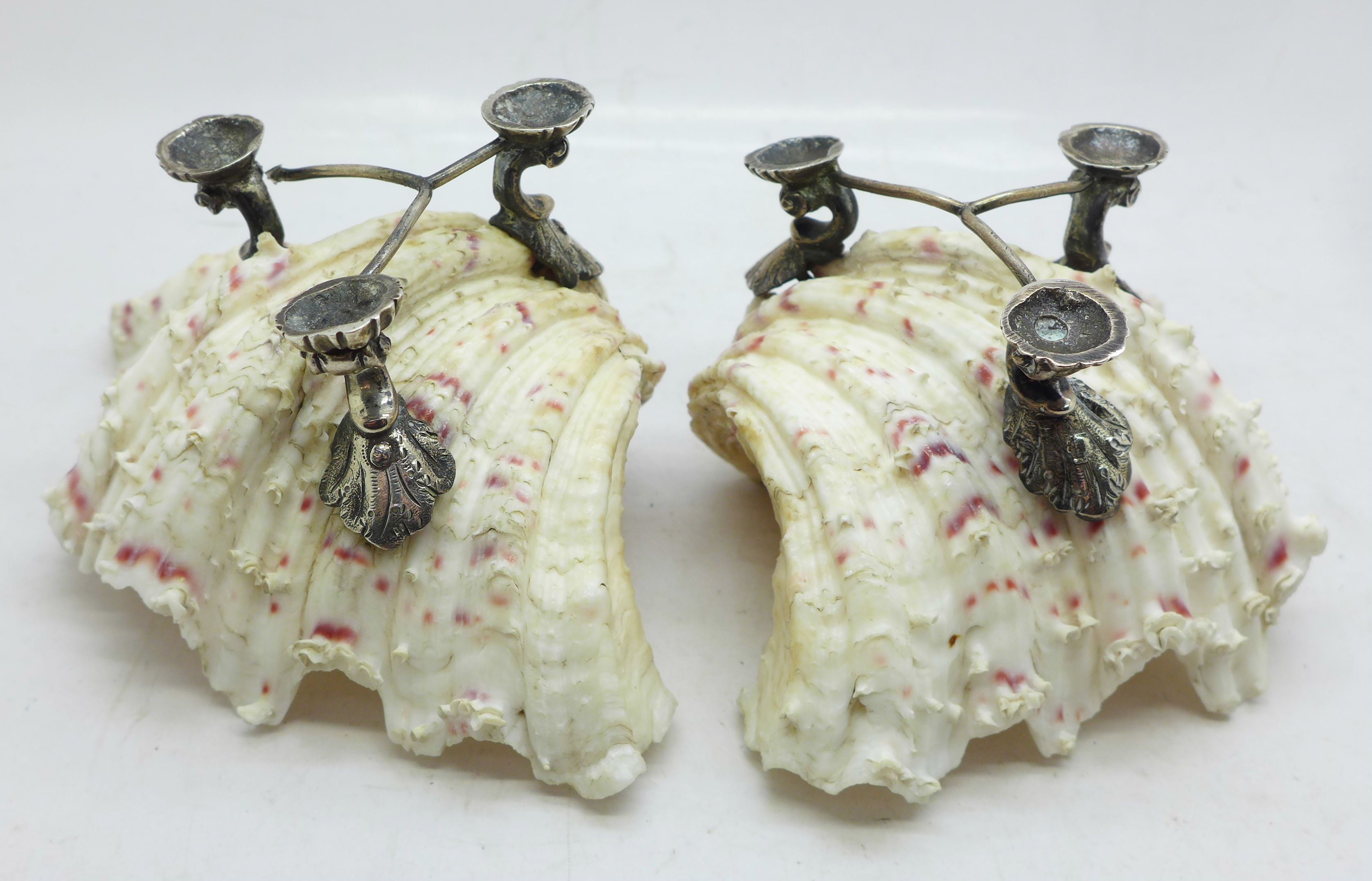 A pair of 19th Century silver plated shell salts, each 14cm wide, one metal base a/f - Image 9 of 17