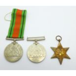 Two WWII Defence medals and a WWII 1939-1945 Star medal