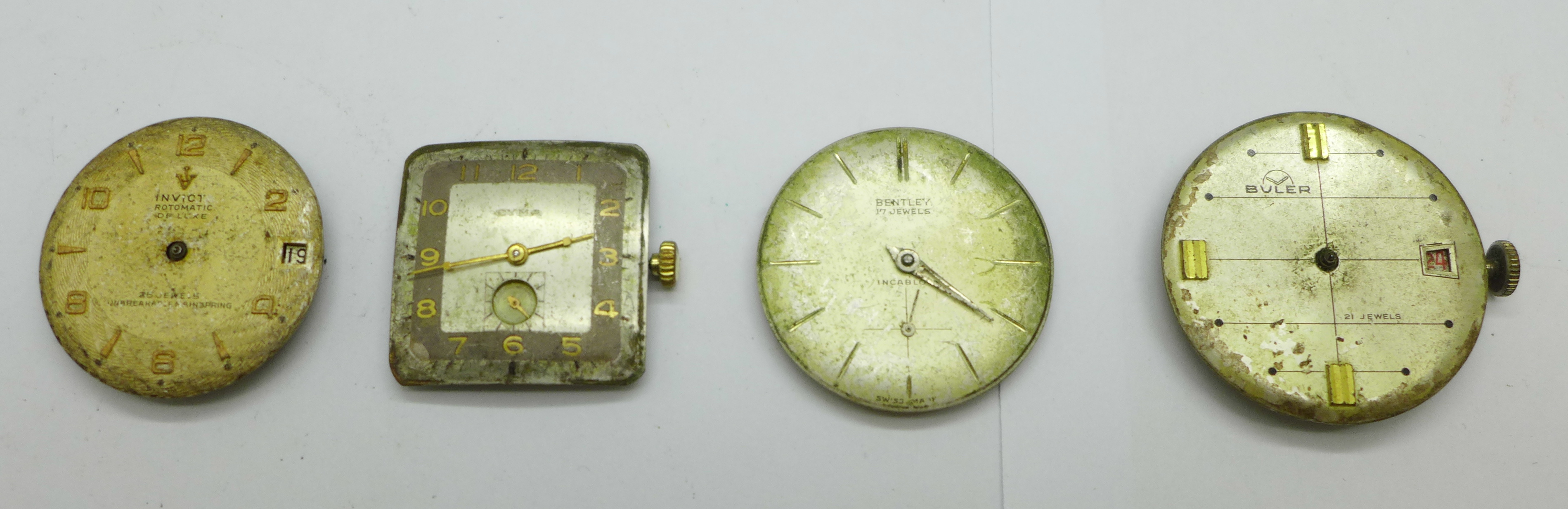Four wristwatch movements; Buler, Bentley, Invicta and Cyma, a/f