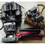 Two pairs of binoculars, a folding walking stick and an Agfa camera