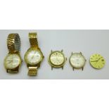 Four wristwatches and an Omega wristwatch movement