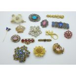 Fifteen brooches, a pin and a clip