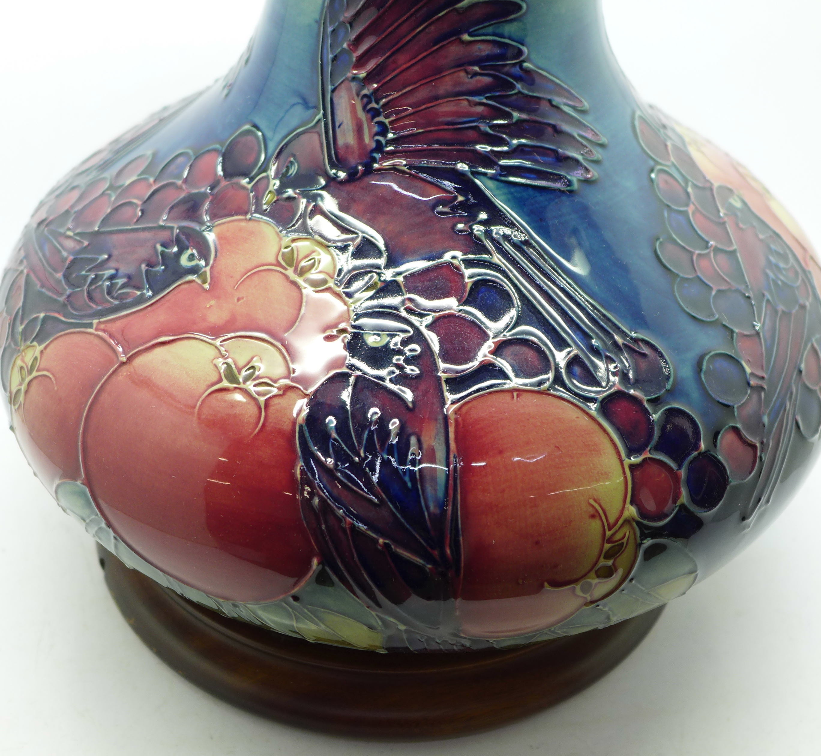 A Moorcroft Finches and Fruit vase with stand, 19.5cm - Image 7 of 15