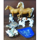 A Royal Doulton hound, two Beswick horses, a/f (ears), other models of dogs, Wade tortoise and three