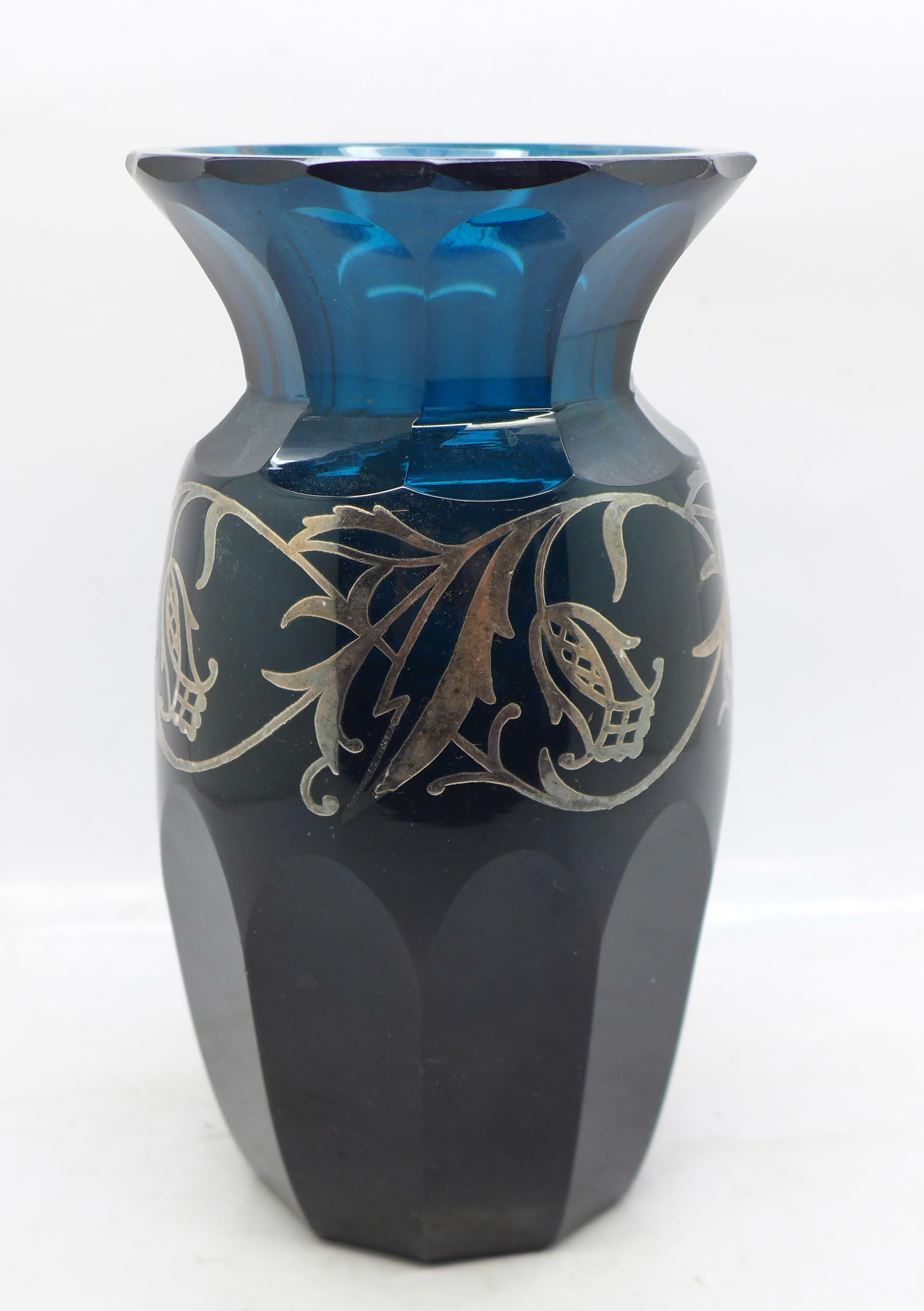 An Art Nouveau teal glass vase decorated with silver overlay, 16cm, a/f (chip to rim and some