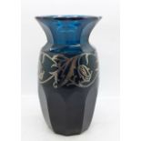 An Art Nouveau teal glass vase decorated with silver overlay, 16cm, a/f (chip to rim and some