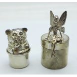 A novelty hallmarked silver tooth fairy box and a similar Teddy Bear tooth box