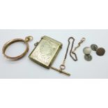 A plated Albert chain with 9ct gold clip, a 9ct gold pocket watch frame, a/f, 7.4g, a pair of silver