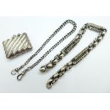 A silver Albert chain, one clip a/f, a fancy link chain and a Victorian silver vesta case, hinge