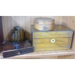 A 19th Century workbox, leather collar box, a mahogany box and a pair of bookends
