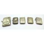 Four silver vesta cases and a plated vesta case with Franco-British Exhibition 1908 plaque