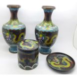 A pair of Chinese cloisonne vases, 23.5cm, and a Chinese cloisonne pot, 10cm, with cover and dish,
