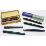 Pens;- Conway Stewart Dinkie 550 pen and pencil set, Waterman's 512V and four Parker including two