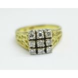 An 18ct gold and nine stone diamond ring, 5.5g, L