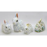Four Royal Crown Derby Rabbit paperweights, Springtime Rabbit, Bunny, Snowy Rabbit and Baby