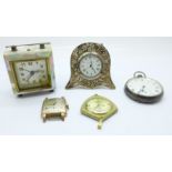 A silver pocket watch, a Roamer wristwatch, a mother of pearl mounted alarm clock lacking carrying