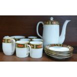 An Allertons six setting coffee set, lacking one saucer, sugar bowl a/f