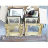 A carved oak panel, ruler, two pictures, ostrich egg, onyx chess set, framed engravings, etc. **