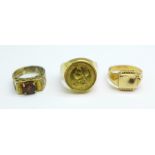 A yellow metal ring, with continental control mark, 1.8g, a/f, a silver gilt and stone set ring, and