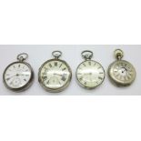 Four silver cased pocket watches, including one fusee lacking outer case, a/f, (half-hunter 800