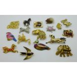 A collection of seventeen animal and bird brooches