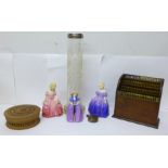 Three small Royal Doulton ladies, an oak letter rack, anglo-Indian circular lidded box, an eye glass
