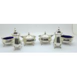 A silver six piece cruet set, Birmingham 1936, (one blue liner missing), 294g