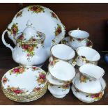 A Royal Albert Old Country Roses six setting tea set with extra cup and two bowls